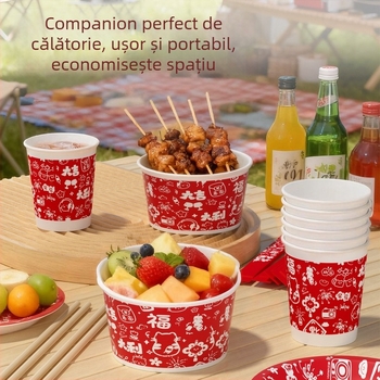 Yunlei set de masă de unică folosință pentru Anul Nou, pentru familie, 6 persoane, 4 piese: bețișe de lemn, boluri de hârtie, farfurii de hârtie și cești de hârtie