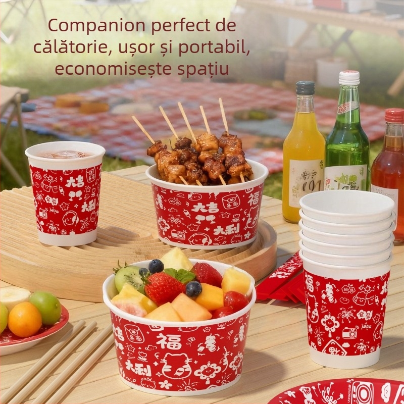 Yunlei set de masă de unică folosință pentru Anul Nou, pentru familie, 6 persoane, 4 piese: bețișe de lemn, boluri de hârtie, farfurii de hârtie și cești de hârtie