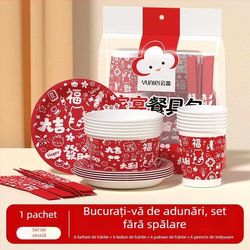 Yunlei set de masă de unică folosință pentru Anul Nou, pentru familie, 6 persoane, 4 piese: bețișe de lemn, boluri de hârtie, farfurii de hârtie și cești de hârtie
