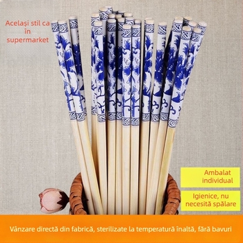 Set de bețișoare din bambus de unică folosință, cu model porțelan albastru-alb, set roșu cu bețișoare cu flori, carbonizate, ambalate individual, de înaltă clasă, prelungite și mai groase