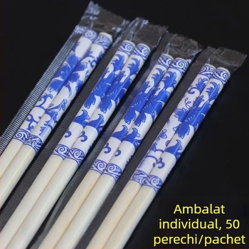 Set de bețișoare din bambus de unică folosință, cu model porțelan albastru-alb, set roșu cu bețișoare cu flori, carbonizate, ambalate individual, de înaltă clasă, prelungite și mai groase