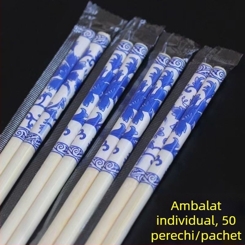 Set de bețișoare din bambus de unică folosință, cu model porțelan albastru-alb, set roșu cu bețișoare cu flori, carbonizate, ambalate individual, de înaltă clasă, prelungite și mai groase