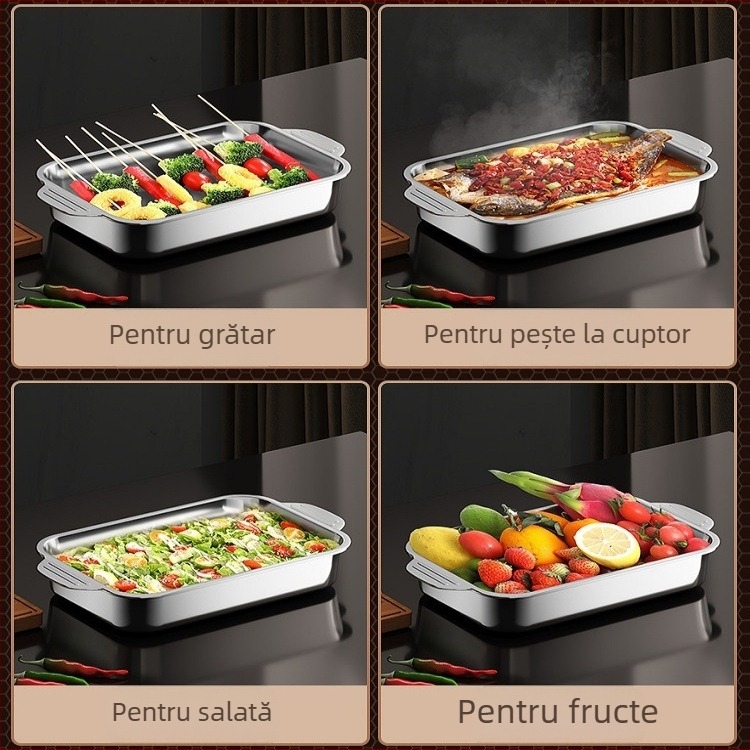 Tigaie gril dreptunghiulară din oțel inoxidabil pentru fructe de mare și pește, compatibilă cu plita cu inducție, antiaderentă, multifuncțională