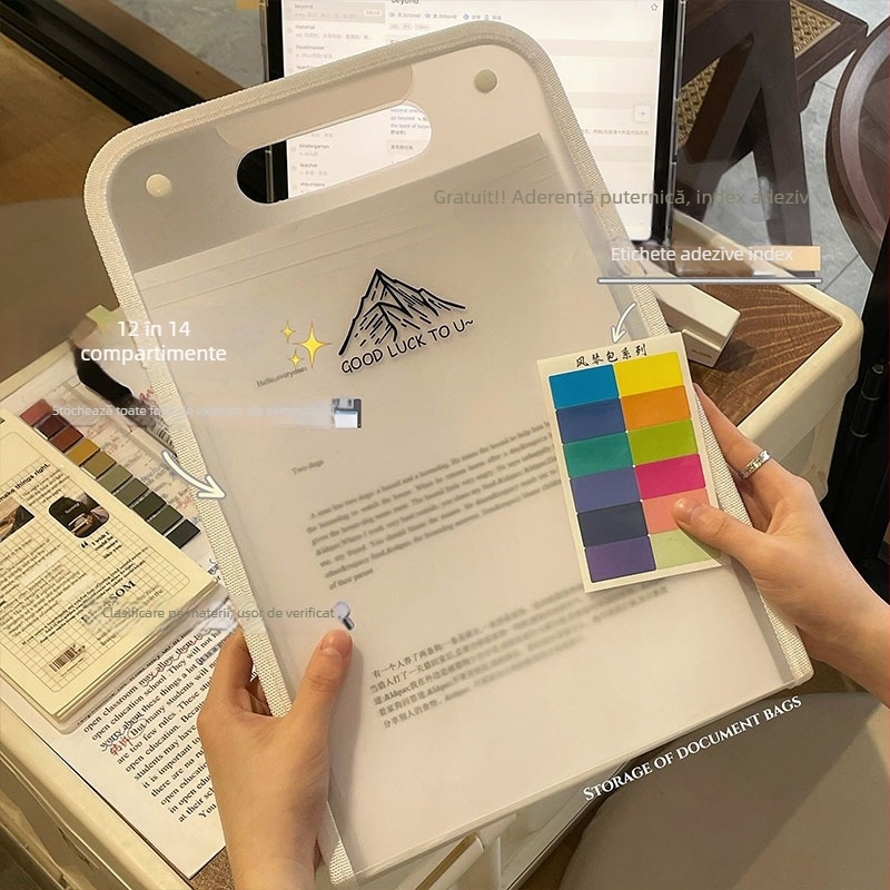 Organizator portabil cu 14 compartimente tip acordeon, pentru documente școlare, durabil