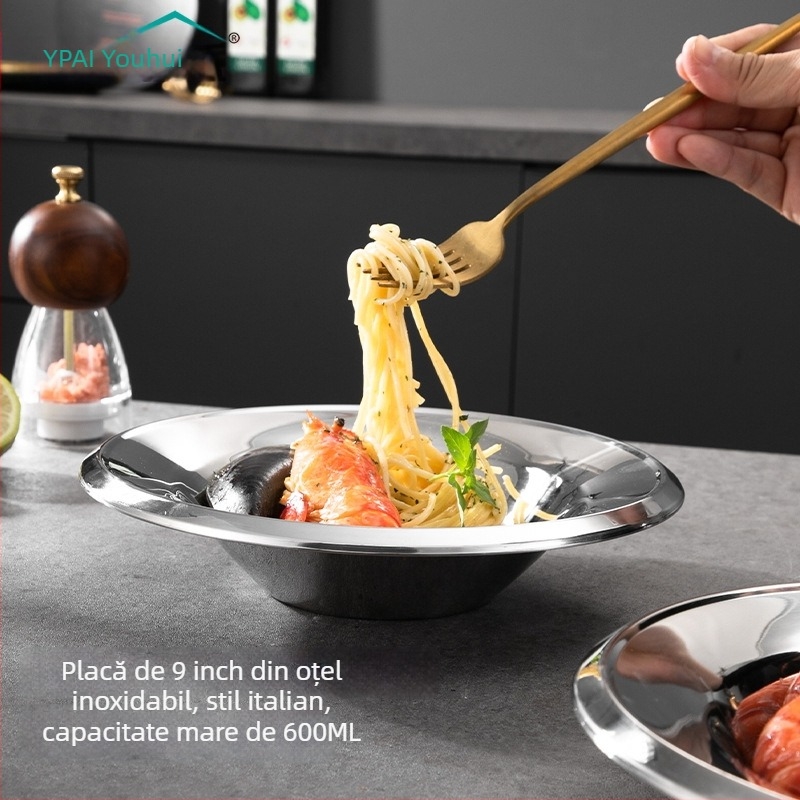 Farfurie rotundă din oțel inoxidabil 304, stil italian, adâncă, formă de pălărie, 9 inch, pentru hoteluri