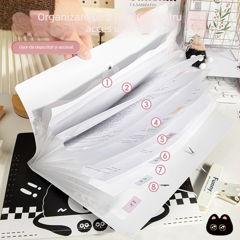 Geantă-organizator tip acordeon cu 8 compartimente, material PP, 32,5 x 23,5 cm, design cu pisică neagră, impermeabilă și rezistentă la murdărie, capacitate mare