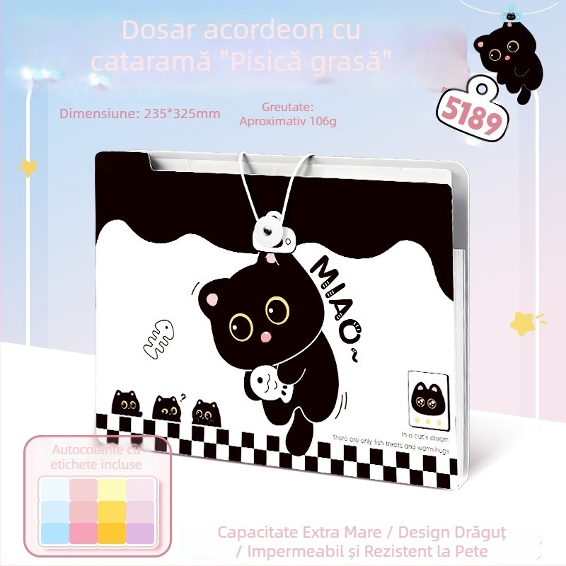 Geantă-organizator tip acordeon cu 8 compartimente, material PP, 32,5 x 23,5 cm, design cu pisică neagră, impermeabilă și rezistentă la murdărie, capacitate mare