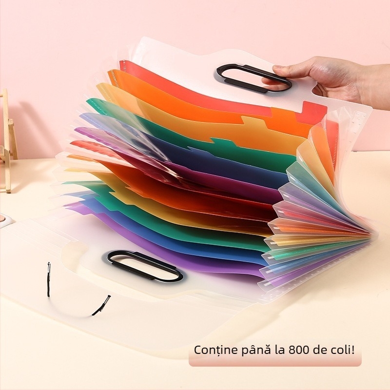 Dosar acordeon portabil pentru documente, în culori curcubeu, pentru birou și pentru elevi, organizator cu 13 compartimente, capacitate mare