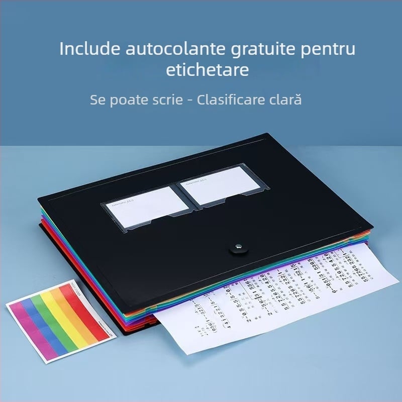 Geantă acordeon cu mai multe compartimente, PP impermeabil, organizator colorat pentru documente de birou, 25 compartimente, dimensiuni 33×24 cm.