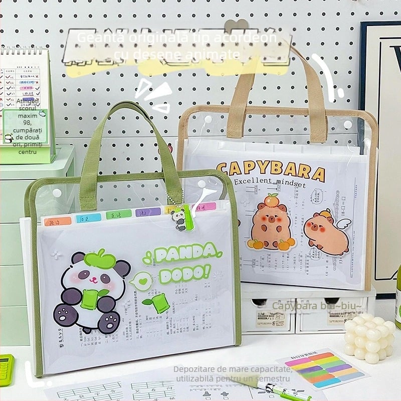 Dosar acordeon Capybara, design panda drăguț, mapă școlară portabilă pentru organizarea lucrărilor, dimensiune mare 30,5 x 33 cm