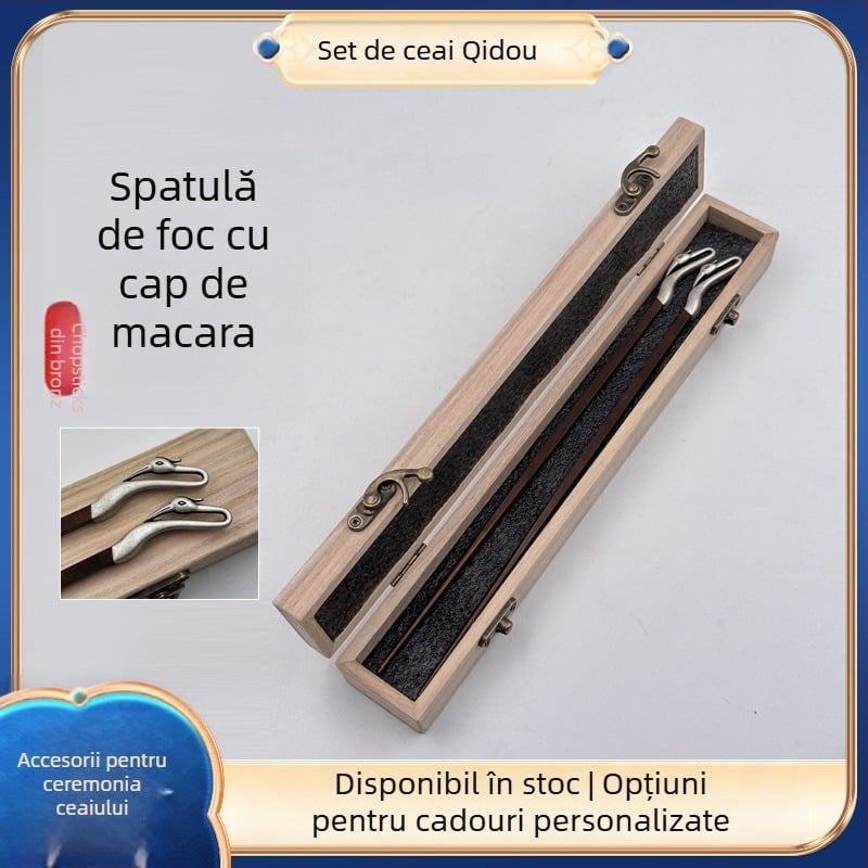 Set de ceai Kung Fu cu accesorii pentru sobă cu cărbune, cleme din lemn de nuc și lemn de măslin, bețișoare din cupru, manufactură manuală, stil retro