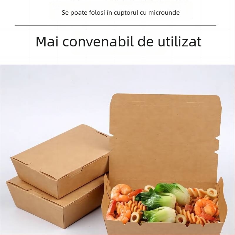 Cutie de unică folosință din hârtie Kraft pentru prânz, dreptunghiulară, compatibilă cu microundele, material alimentar, disponibilă în vrac