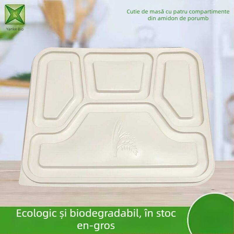 Cutie de prânz de unică folosință, patru compartimente, pentru livrare, material din amidon de porumb, biodegradabilă, ecologică