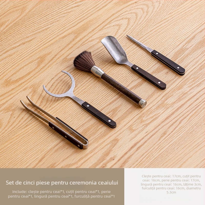 Set Gongfu de ceai din abanos și titan, Șase Domni ai Ceremoniei Ceaiului, accesorii de ceai pentru uz casnic, clește pentru ceai, linguriță de ceai și stilou de ceai
