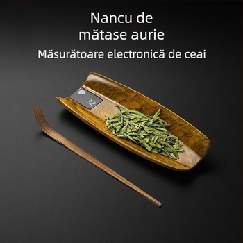 Rongshan Tang cântar digital pentru ceai din lemn masiv Golden Silk Nan, cu distribuitor de frunze de ceai și suport pentru ceai cu afișaj de greutate.