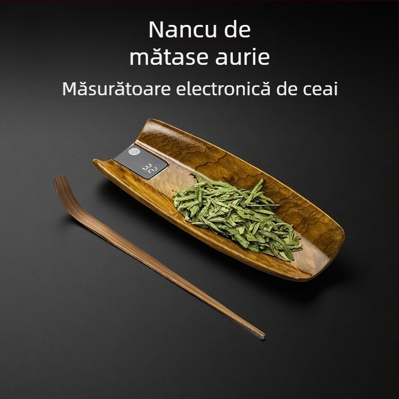 Rongshan Tang cântar digital pentru ceai din lemn masiv Golden Silk Nan, cu distribuitor de frunze de ceai și suport pentru ceai cu afișaj de greutate.