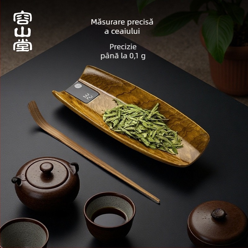 Rongshan Tang cântar digital pentru ceai din lemn masiv Golden Silk Nan, cu distribuitor de frunze de ceai și suport pentru ceai cu afișaj de greutate.