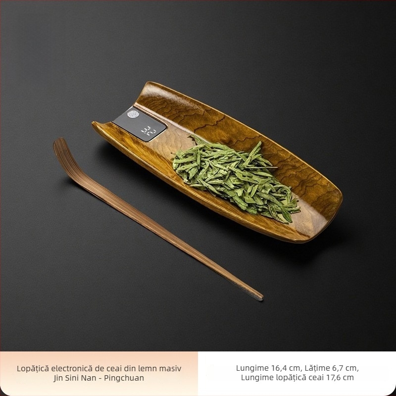 Rongshan Tang cântar digital pentru ceai din lemn masiv Golden Silk Nan, cu distribuitor de frunze de ceai și suport pentru ceai cu afișaj de greutate.