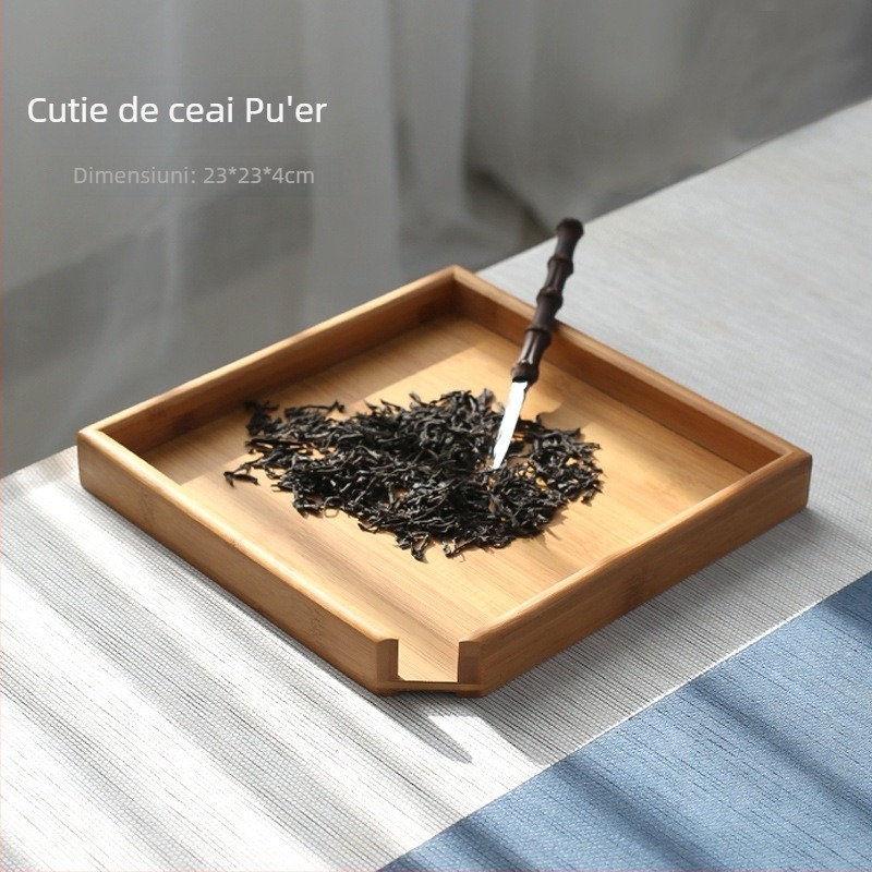 Cutie pătrată din bambus pentru ceai Pu'er, set ceai: cuțit de ceai, ac de ceai, con de ceai, suport pentru prăjituri de ceai și tavă pentru ceremonia ceaiului