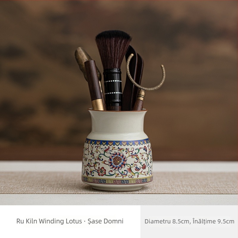 Set bej din ceramică Ru Kiln pentru ceremoniile de ceai, șase piese, ustensile Kung Fu pentru ceai: cuțit de ceai, clește pentru ceai, perie și lingură de ceai