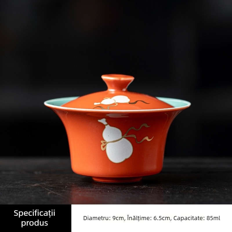 Ceainic gaiwan din porțelan Ru Kiln, Roșu Noroc, Mare, Anti-arzire, Făcut Manual pentru ceai de ceremonie