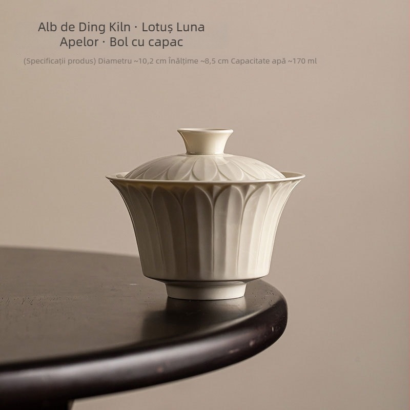 Guanlan gaiwan chinezesc retro cu petale albe de lotus, ceașcă ceramică cu capac pentru ceai Gongfu