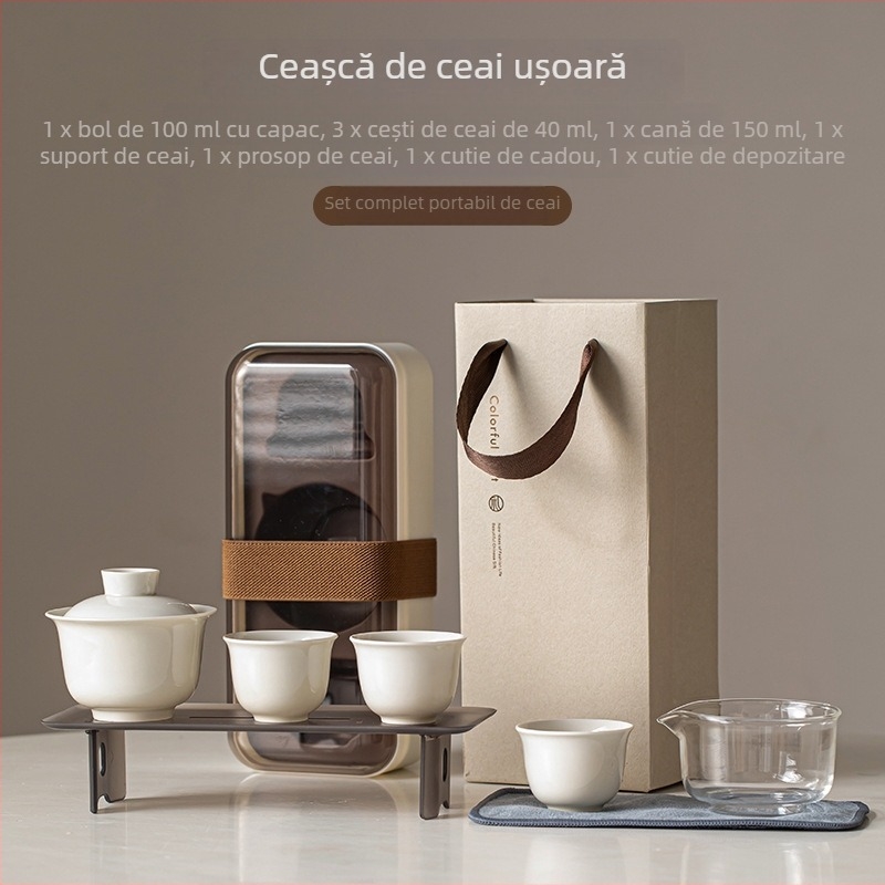 Set de ceai din porțelan ușor pentru călătorii: ceașcă cu capac, compact pentru exterior