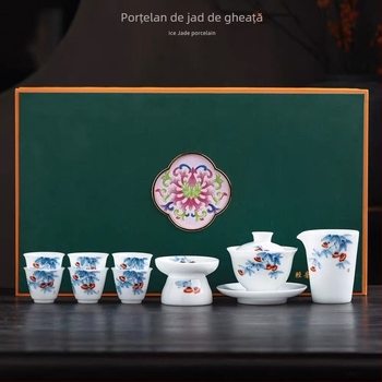 Porțelan Ice Jade, pictat manual, Persimmon și Ruyi — set ceai cu capac într-o cutie cadou