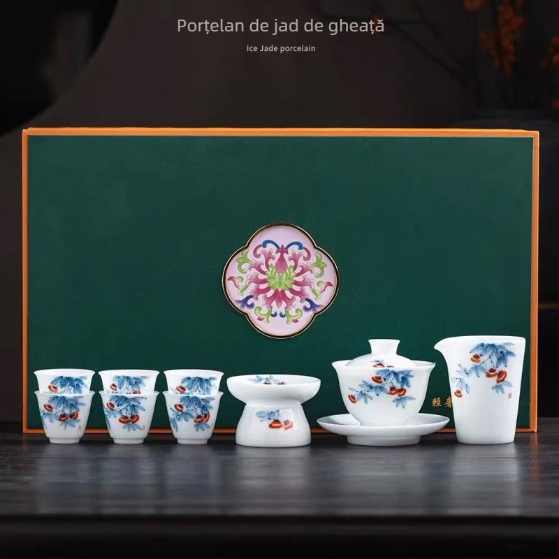 Porțelan Ice Jade, pictat manual, Persimmon și Ruyi — set ceai cu capac într-o cutie cadou