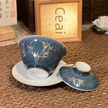 Gaiwan ceramic din Jingdezhen cu glazură Sancai Qing Silver Bamboo Blue, vas de ceai Gongfu