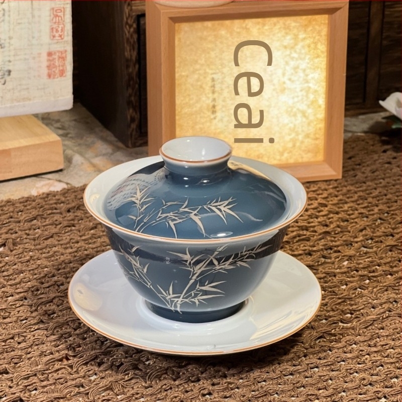 Gaiwan ceramic din Jingdezhen cu glazură Sancai Qing Silver Bamboo Blue, vas de ceai Gongfu