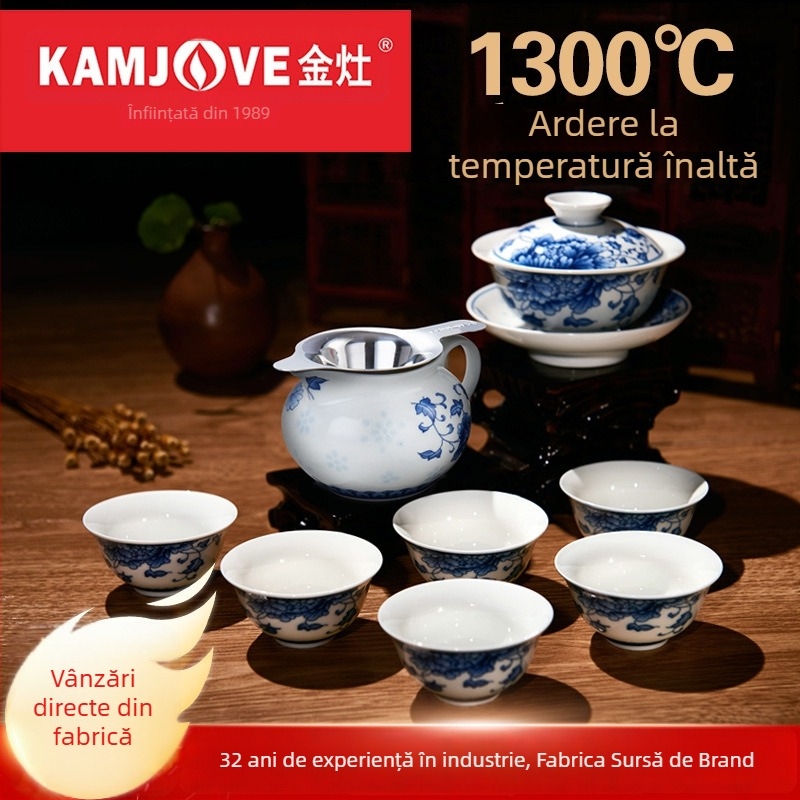 Set de ceai Kung Fu din porțelan albastru-alb, gaiwan ceramic și cești Mari, KP-95