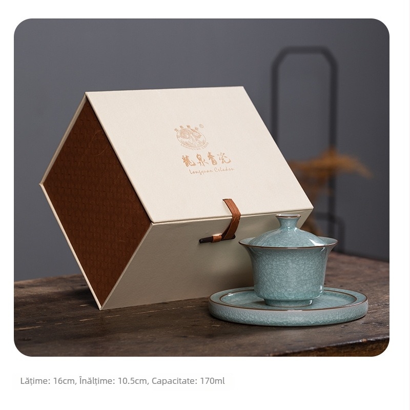 Ceașcă mare de ceai cu capac, din celadon Longquan, glazură Ice Flower cu crăpături, ceramică