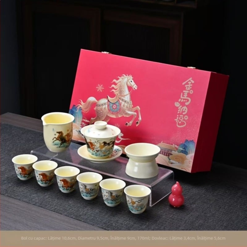 Set de ceai Jinmanafu pentru casă și birou, ceremonie de ceai tradițională chinezească, vas ceramic acoperit cu glazură în trei culori, cutie cadou, servește până la 6 persoane