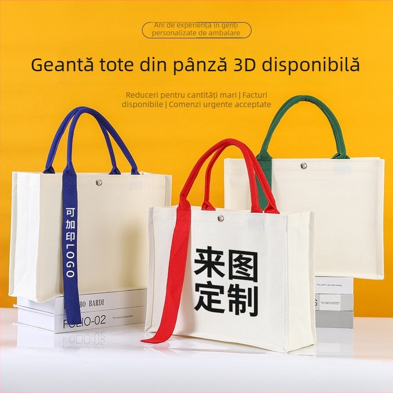 În stoc: geantă de pânză cu panglică, logo personalizat, geantă tote din pânză cu structură 3D, imprimare laminată