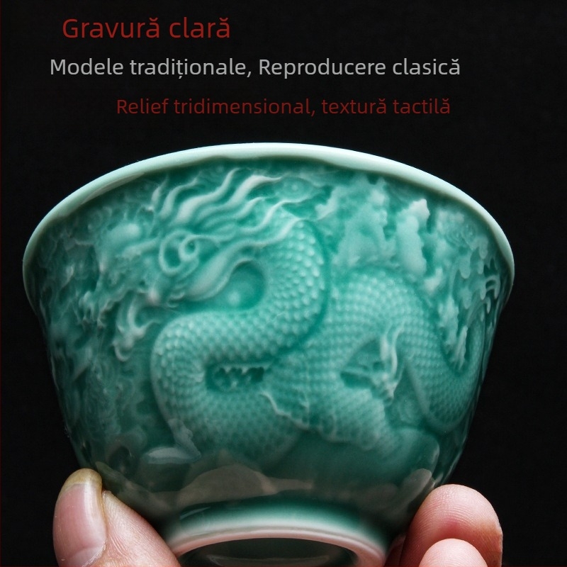 ceașcă de ceai Celadon cu relief dragon și phoenix, glazură verde prune, stil antic chinezesc, pentru uz casnic