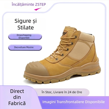 Ghete de protecție din piele cu vârf metalic și fermoar lateral, anti-șoc, anti-perforație, antiderapante, durabile
