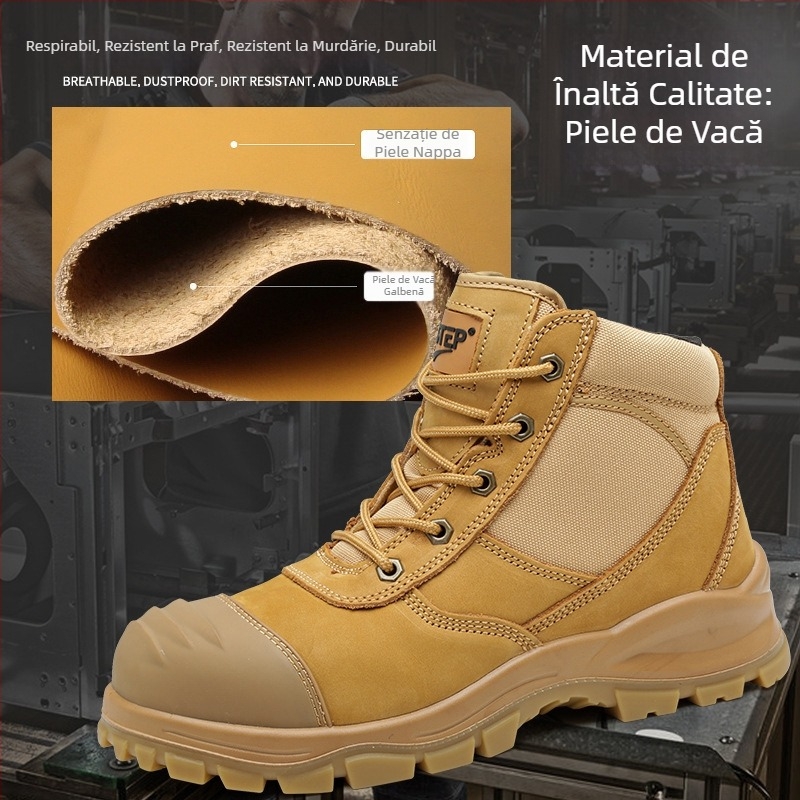 Ghete de protecție din piele cu vârf metalic și fermoar lateral, anti-șoc, anti-perforație, antiderapante, durabile