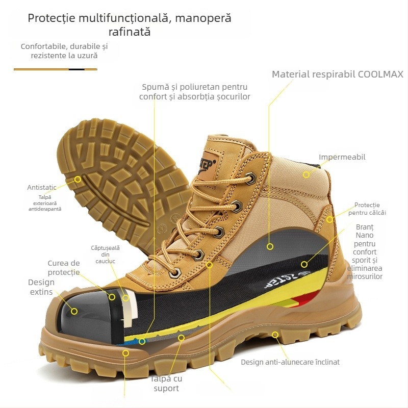 Ghete de protecție din piele cu vârf metalic și fermoar lateral, anti-șoc, anti-perforație, antiderapante, durabile
