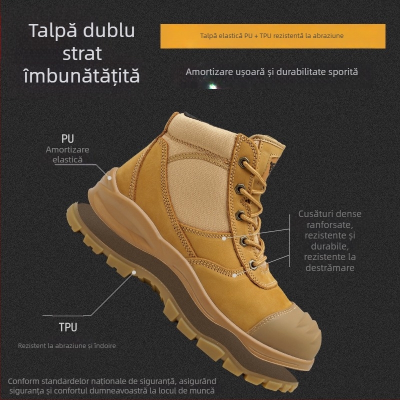 Ghete de protecție din piele cu vârf metalic și fermoar lateral, anti-șoc, anti-perforație, antiderapante, durabile