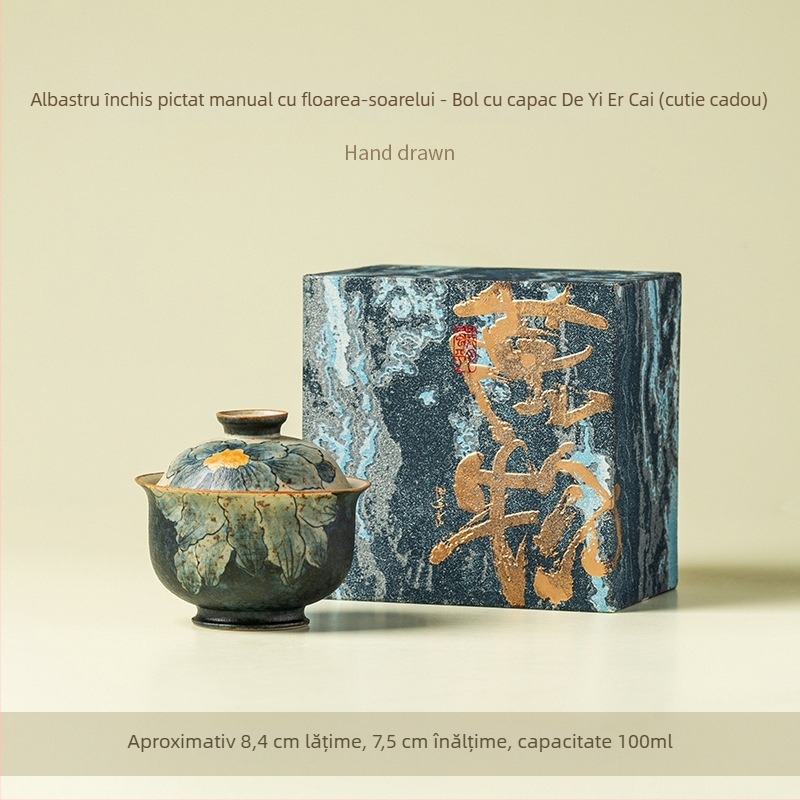 Ceașcă de ceai din ceramică cu capac, stil chinezesc, albastru închis, pictură manuală cu floarea soarelui, porție individuală, în cutie cadou.
