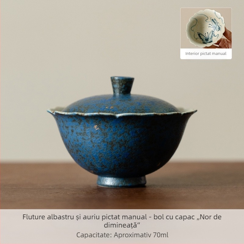 Set Gongfu de ceai din ceramică, stil nou chinezesc, gaiwan cu desen interior de fluture în albastru lapis lazuli, pentru uz casnic, de înaltă calitate