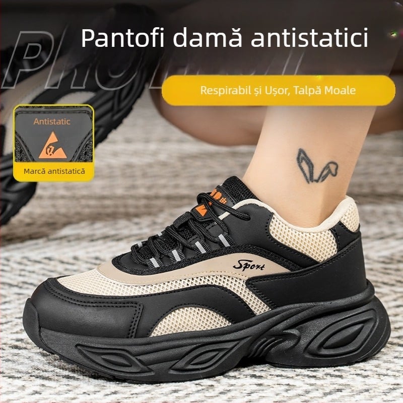 Pantofi de lucru antistatice pentru femei, ușori și durabili, din piele microfibră și plasă, cu profil redus, rezistenți la impact și perforare