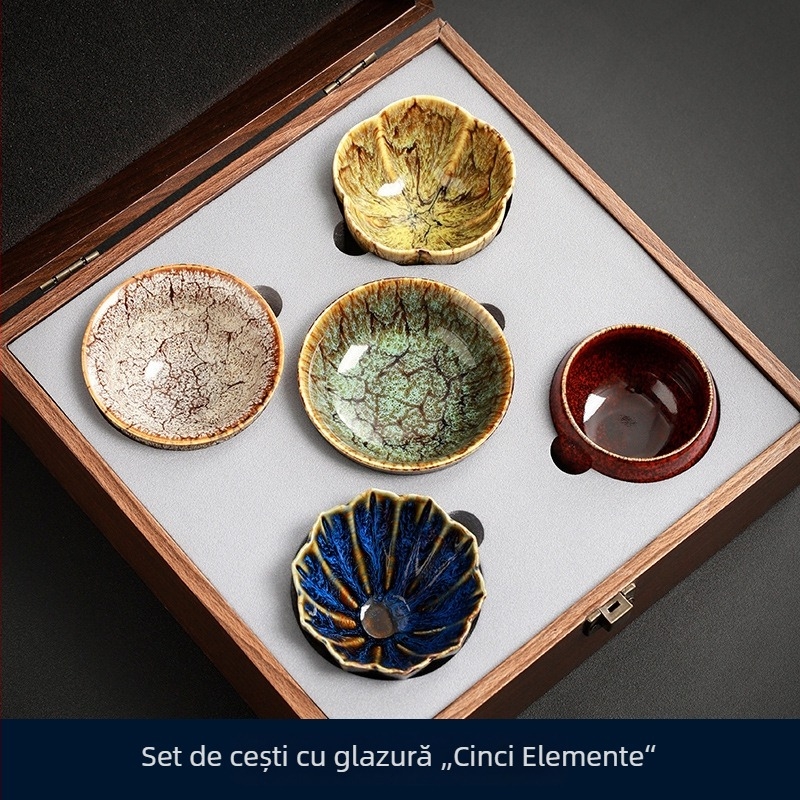 Set de ceai Jianzhan cu cinci elemente, Gongfu, ceașcă principală și bol de ceai, cutie cadou