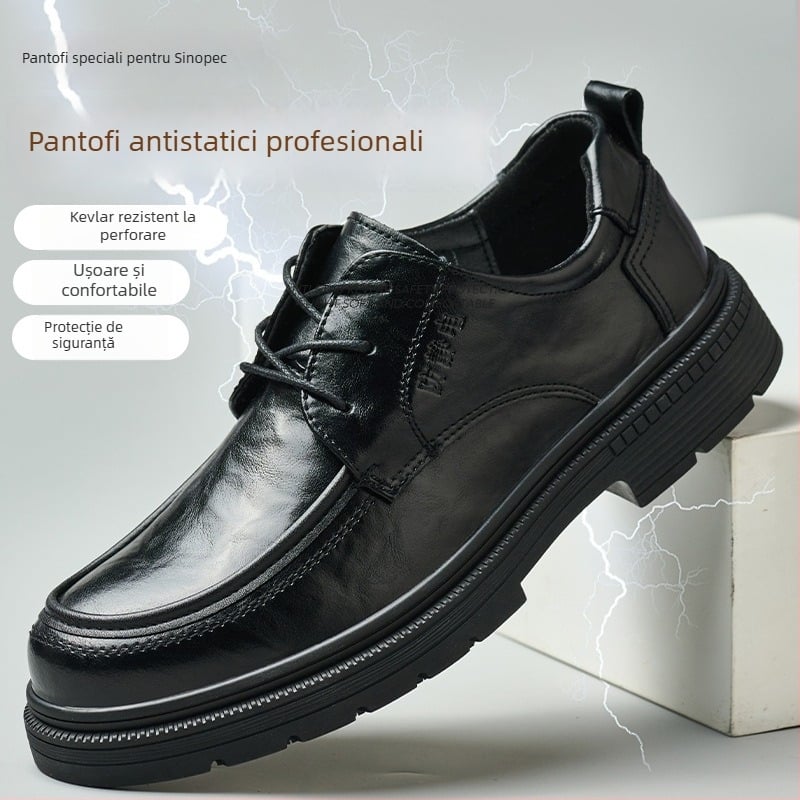 Pantofi de piele antistatice pentru bărbați, cu talpă Kevlar, rezistenți la perforare, pentru stații de carburanți și depozite de petrol.