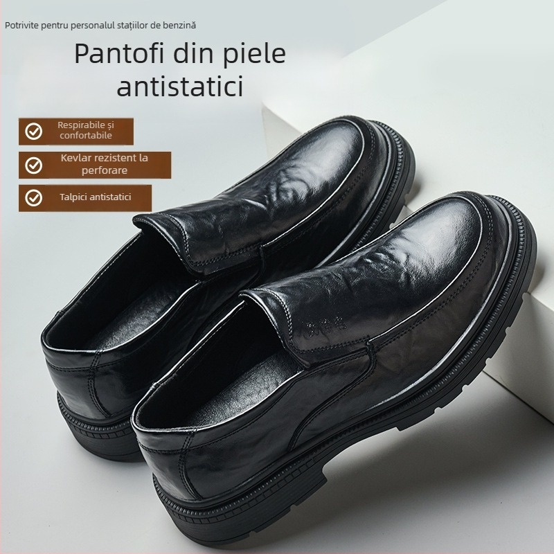 Pantofi de piele antistatice pentru bărbați, cu talpă Kevlar, rezistenți la perforare, pentru stații de carburanți și depozite de petrol.
