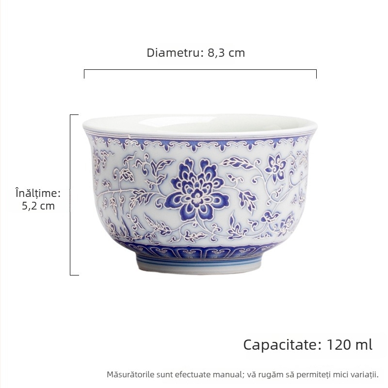 Moji ceașcă de ceai din porțelan albastru-alb cu motiv argintiu și ramuri încrucișate — set Kung Fu pentru ceai, ceașcă mare Pu'er