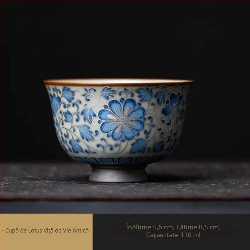 Ceașcă de ceai din porțelan de înaltă calitate, cu ornamente din argint în filigran și motiv de lotus — stil chinezesc, pentru uz casnic