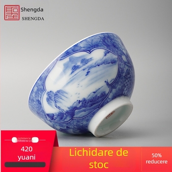 Ceașcă de ceai Gongfu, porțelan Jingdezhen albastru-alb, pictură manuală cu peisaj de flori la fereastră