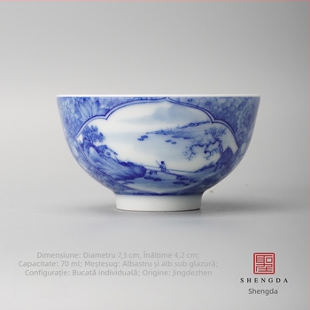 Ceașcă de ceai Gongfu, porțelan Jingdezhen albastru-alb, pictură manuală cu peisaj de flori la fereastră